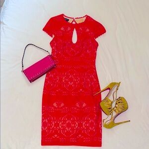 Fitted Bebe Lace Midi Dress ✨ Reddish/Orange, Lined! ✨ Size 6